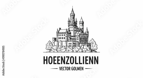 Ornate castle illustration on rocky base with trees