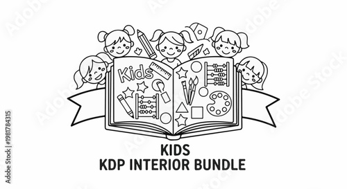 Open book with smiling children and school supplies