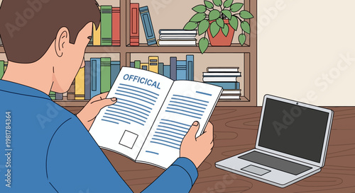 Truman reads document on a quiet Day at his desk with laptop