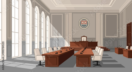 Truman faces a significant Day in a large courtroom with many desks