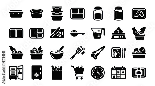 Meal Prep and Kitchen Food Storage Container Solid Icon Set