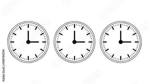 A minimalist illustration showcasing three identical analog clocks, each displaying the same time, against a clean white background