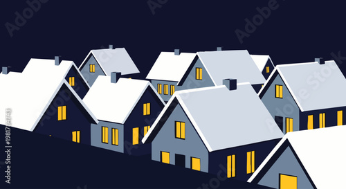 Cozy houses with illuminated windows at night, creating a warm and inviting atmosphere in a quiet neighborhood.
