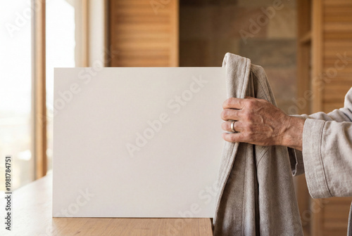 Man's hand holding a linen bathrobe next to a blank white sign