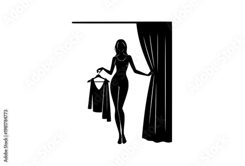 Elegant woman silhouette holding clothes hanger opening fitting room curtain black and white fashion shopping vector isolated on white