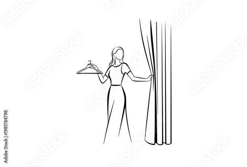 Fashion woman in fitting room line art holding hanger opening curtain minimal black and white vector illustration isolated on white
