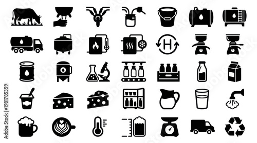 Dairy Production and Milk Processing Industry Vector Solid Icon Set