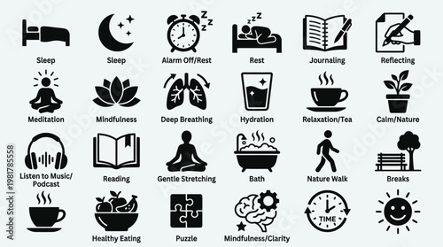 Mindfulness and Wellness Activities Set with Text Labels Black Icons