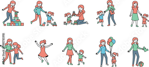 Happy family characters vector illustration set featuring parents children walking playing and spending time together isolated on clean background for lifestyle design