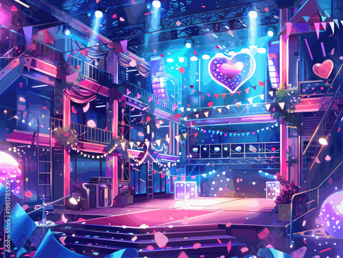 ハートの装飾が輝くカラフルなライブステージ、バレンタインのアニメイラスト