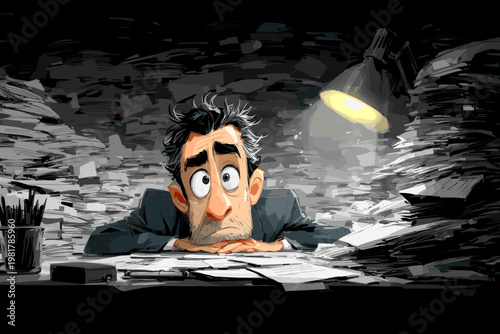 書類の山に埋もれて途方に暮れるビジネスマン、残業・仕事疲れのイラスト