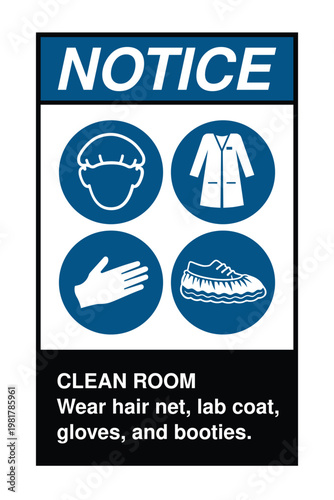 Clean Room PPE Notice Sign Vector, Wear Hair Net Lab Coat Gloves and Booties Safety Signage for Laboratory, Medical and Industrial Environments, Cleanroom Compliance Poster