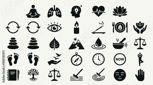 Zen Meditation and Spiritual Mindfulness Balance Solid Vector Icon Set