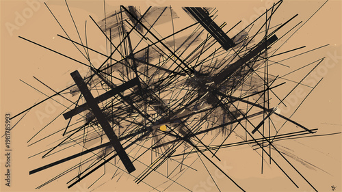 黒い線が交差する抽象的なアート、ベージュ背景のモノクロ構成