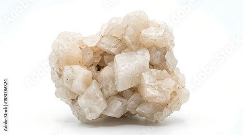 Macro shot of a light brown calcite crystal cluster on a white background
