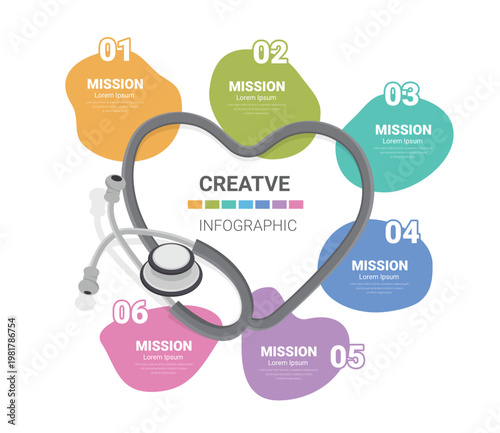 Modern Healthcare Service 6 Stage Infographic Template with Stethoscope Graphic