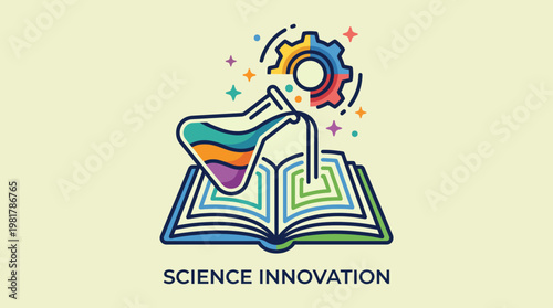 This logo combines a colorful flask pouring liquid over an open book with gears, symbolizing the dynamic relationship between science, innovation, and education in a vibrant way.