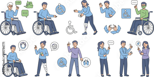 Vector Illustrations of People with Disabilities, including Wheelchair Users, Prosthetic Limb Users, and Disability Symbols for Accessibility and Inclusion Themes