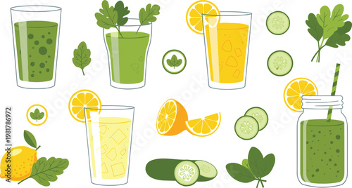 Illustration of Fresh Green and Citrus Juices with Lemon, Cucumber, and Mint in Glasses and Jars