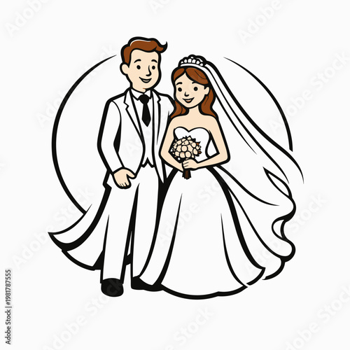 Charming Wedding Couple Bride and Groom Illustration Cartoon Style for Marriage Ceremony Newlywed Couple Clip Art Romantic Wedding Day Bride in Elegant White Gown Groom in White Suit Vector Graphics