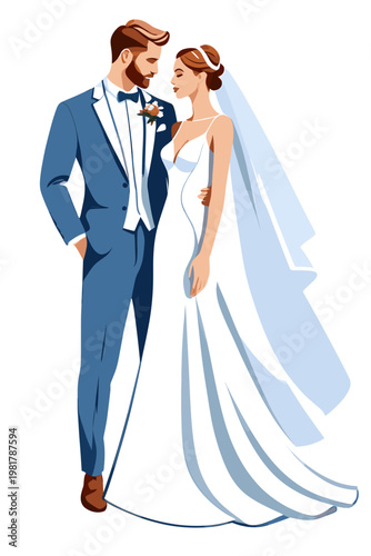 Elegant Wedding Couple Illustration with Beautiful Bride in White Gown and Groom in Stylish Blue Suit, Romantic Marriage Ceremony Art for Love and Union Celebration, Isolated Newlyweds Portrait, Dress