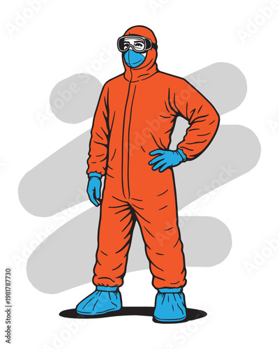 Cleanroom PPE Worker Vector Illustration in Protective Suit, Disposable Coverall with Mask Goggles Gloves and Boot Covers for Laboratory, Medical and Industrial Safety Use