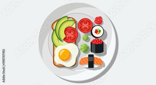 Delicious Breakfast Plate with Avocado Toast and Sushi.
