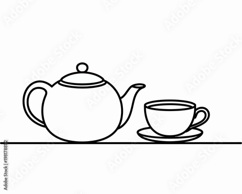 Line drawing teapot and cup on saucer with table