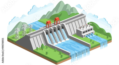Hydroelectric Dam Generating Clean Energy Illustration.