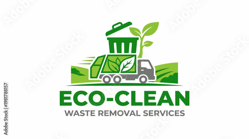 This logo emphasizes eco-friendliness and sustainability for ECO-CLEAN, featuring a trash can, leaves, and a truck representing waste removal services.