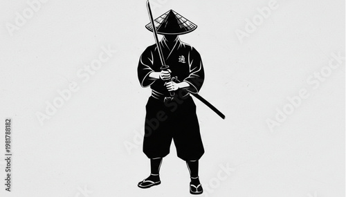 Minimalist Samurai Warrior Holding Katana Sword Black Silhouette Illustration