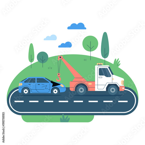 Tow truck towing a damaged blue car on a road with trees and clouds