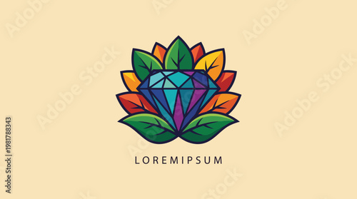 A logo design featuring a diamond gem surrounded by colorful leaves, symbolizing luxury, growth, and natural beauty, suitable for any high-end brand.