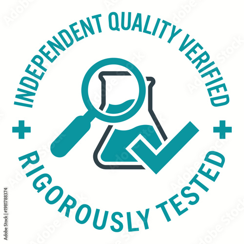 An emblematic logo showcasing a magnifying glass inspecting a laboratory flask, emphasizing rigorous testing and independent verification for quality assurance.