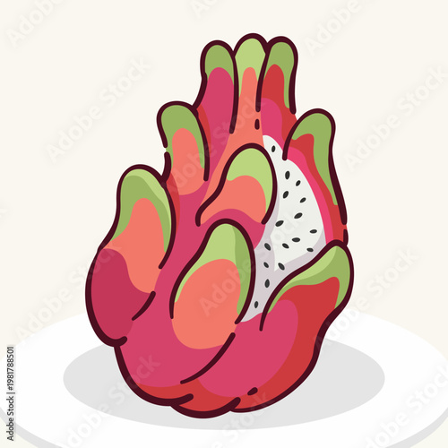 A vibrant and artistic portrayal of a dragon fruit showcased on a plate, emphasizing the beauty and uniqueness of this exotic fruit in culinary presentations.