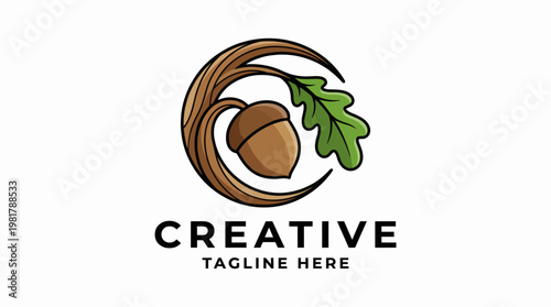 A creative logo showcasing an acorn nestled within a stylized vine and leaf design, emphasizing the themes of nature, growth, and sustainability in a rich artistic style.