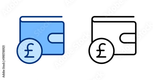 Digital Wallet Pound Sterling thin line, solid icon set. Finance, Payment, Mobile Banking, Financial Technology, Currency concept. Black, blue outline vector icons.