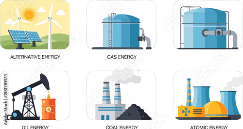 Industrial energy production icons set, alternative and fossil fuel power plant illustrations, 6 vector elements for renewable and non-renewable energy