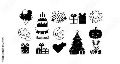 Kids birthday party vector set with balloons cakes gifts and cute holiday elements cartoon collection isolated on white