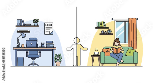 Remote work, home office, woman on couch, line illustration, modern lifestyle