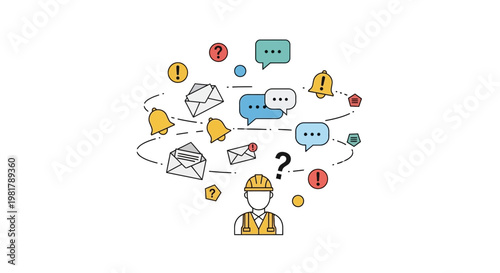 Business communication icons, office workflow symbols, notification signs, and chat bubbles vector