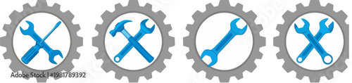 Industrial repair service icons set, blue hand tools inside grey gear wheels, mechanical maintenance and engineering vector symbols for technical support