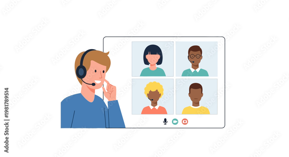 Fototapeta premium Remote team meeting, online collaboration, video conference, virtual communication, business people icons