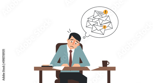 Overwhelmed businessman, stressed office worker, email overload, frustrated employee, business stress