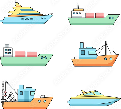 Ship Icons Set Yacht Cargo Boat and Fishing Vessel Vector Illustration