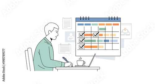 Businessman working on laptop, planning schedule, calendar organization