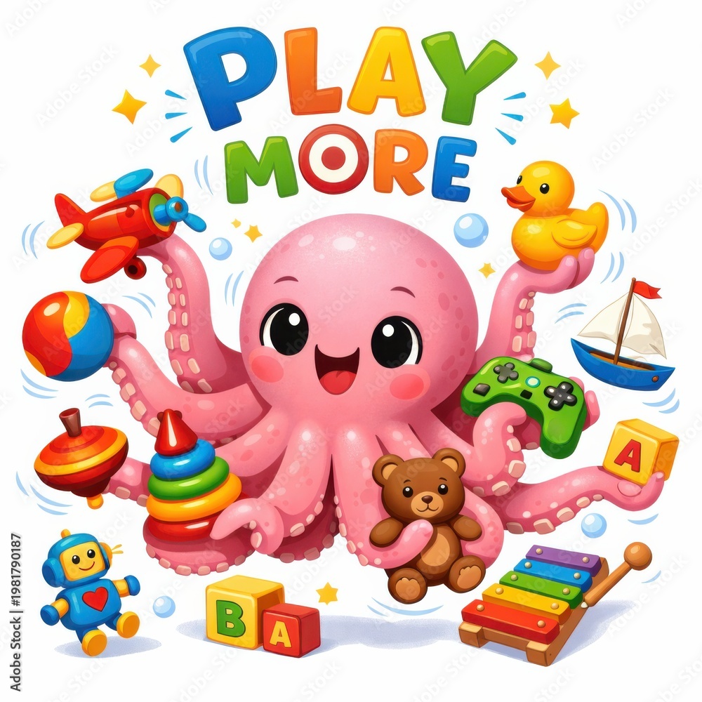 Naklejka premium Colorful octopus with toys promoting playtime and learning for children in cheerful illustration