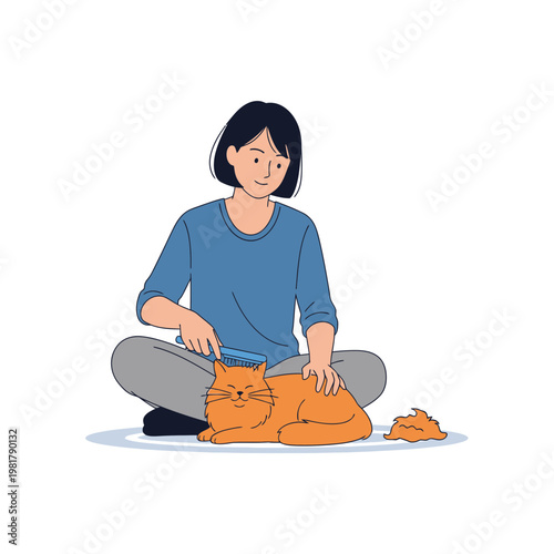 Woman brushing orange cat, grooming pet care