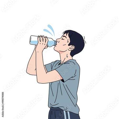 Thirsty man drinking water from bottle