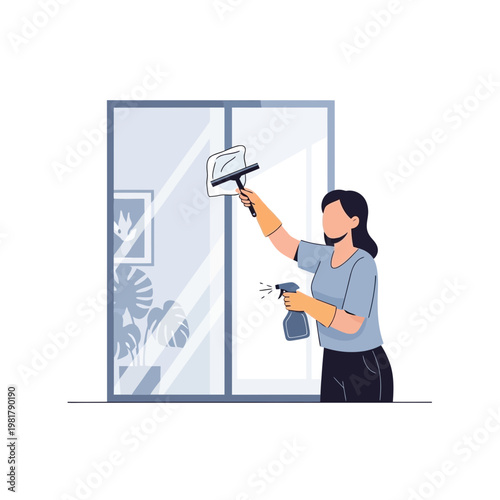 Woman cleaning window with spray and squeegee